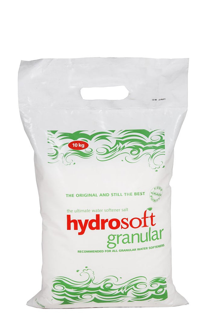Hydrosoft Salt Granules 10kg bag of granular water softener salt, blue and white packaging