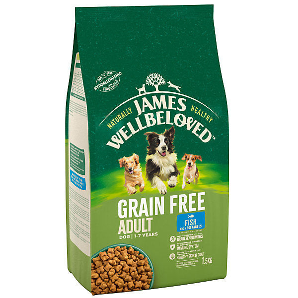 James Wellbeloved Fish & Veg grain free dry dog food, front of the bag showing the fish and vegetable recipe