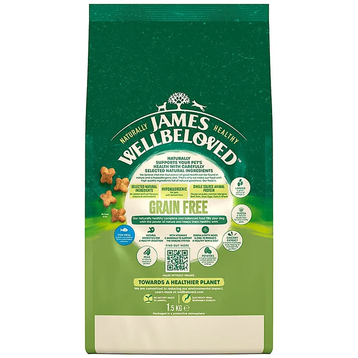 Second view of the James Wellbeloved Fish & Veg grain free bag, showing the pack detail