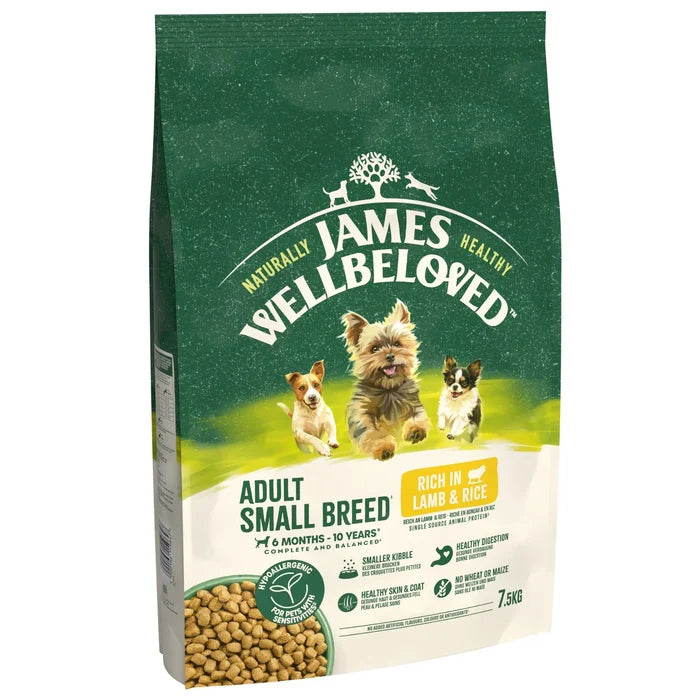 James Wellbeloved Small Breed Lamb & Rice dry dog food, front of the 7.5kg bag