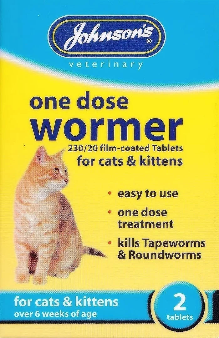 Johnson's One Dose Wormer for cats and kittens, packet of two film coated tablets