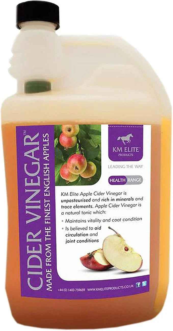 KM Elite Cider Vinegar in a 5 litre container, unpasteurised British apple cider vinegar for horses and smallholdings