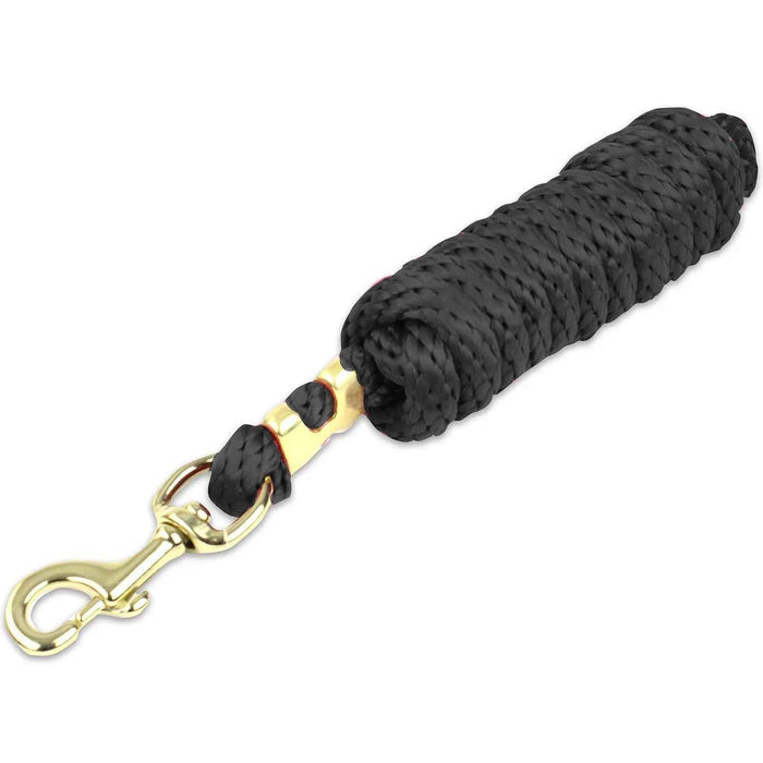 KM Elite double braided cotton lead rope in black, 10ft, with a brass plated swivel bolt snap