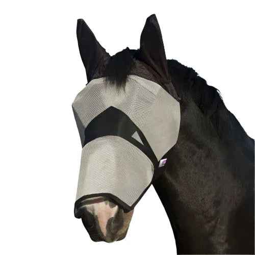 KM Elite fly mask in black mesh covering eyes, ears and nose, with the stitched seam above each ear covering visible