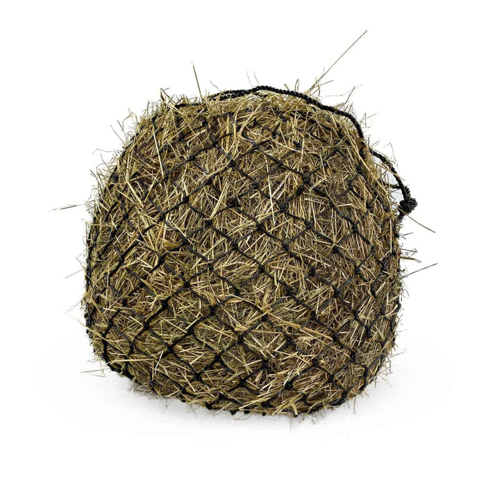 KM Elite Deluxe haynet in black, 40 inch net with 2 inch holes and chrome-finished iron rings, drawcord closed
