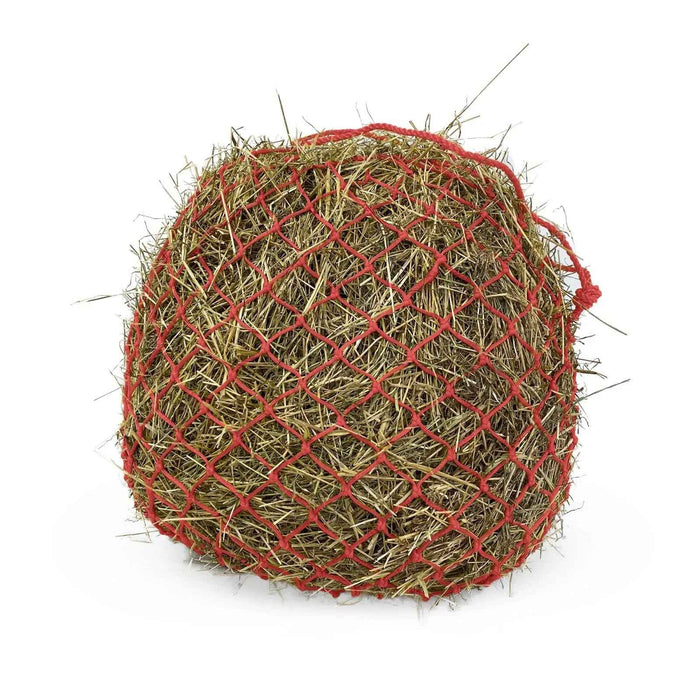 KM Elite Deluxe haynet in red, 40 inch net with 2 inch holes and chrome-finished iron rings at the drawcord
