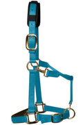 KM Elite padded headcollar in pastel blue nylon webbing with brass-colour fittings