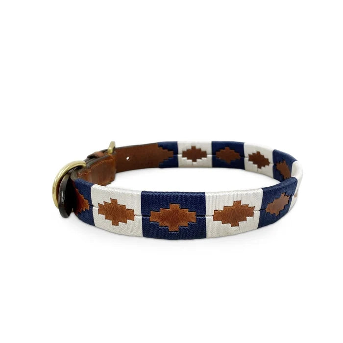 KM Elite Argentinian dog collar in honey leather with a navy and white polo-belt woven pattern and buckle fastening