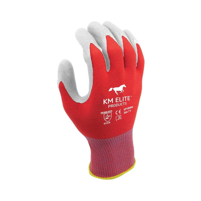 KM Elite multi-purpose equestrian glove in red with a nitrile-coated palm, size 7