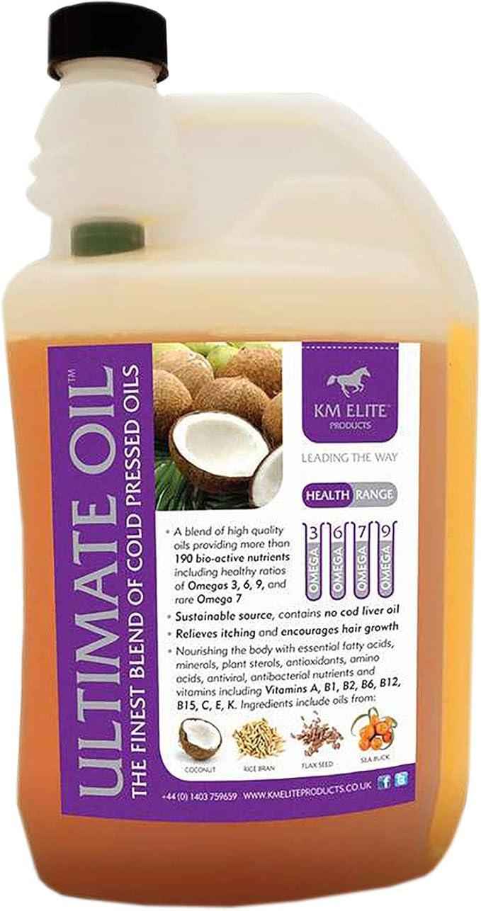 KM Elite Ultimate Oil in a 5 litre container, cold-pressed plant-based omega oil supplement for horses