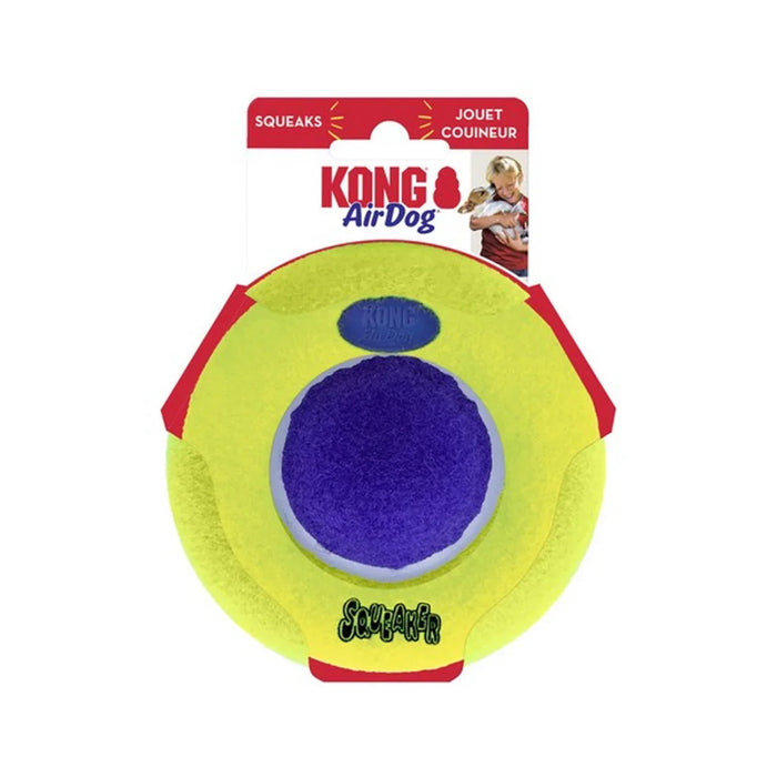 KONG AirDog squeaker saucer, a tennis-material flying disc with a soft rim, medium to large size