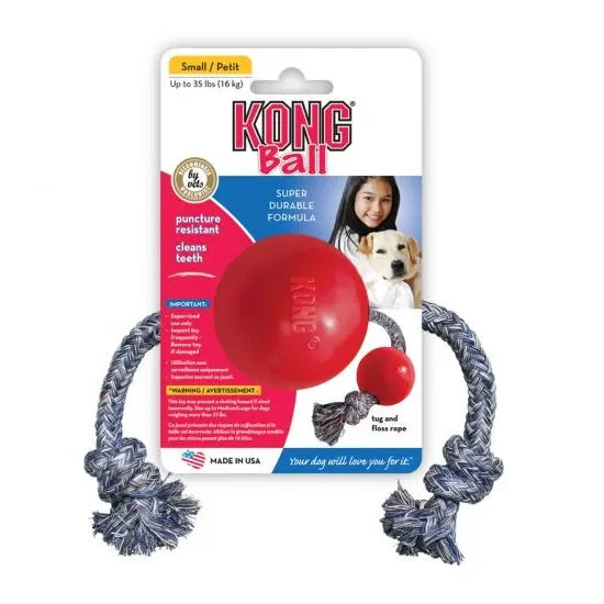 Further view of the KONG Ball with Rope, showing the red rubber ball and the length of rope
