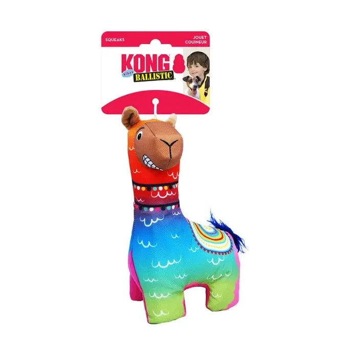 KONG Ballistic Vibez llama, a long-necked plush dog toy with textured fabric panels, small to medium size