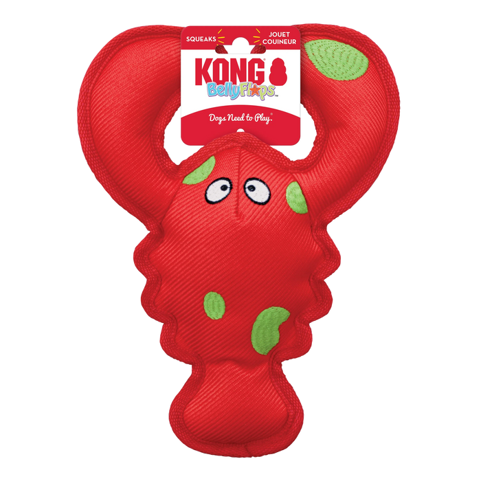 KONG Belly Flops lobster, a flat plush dog toy shaped as a lobster with claws and a segmented tail