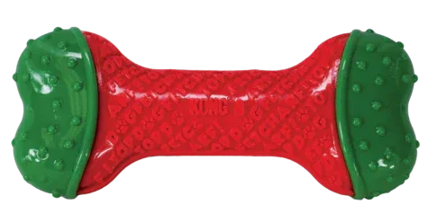 KONG CoreStrength chew bone for smaller dogs in festive red and green with moulded texture