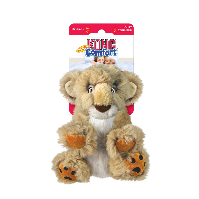 KONG Comfort Kiddos lion, a soft plush dog toy with a mane and a removable squeaker, large size