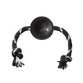 KONG Extreme black rubber ball threaded on a knotted white cotton rope, large size
