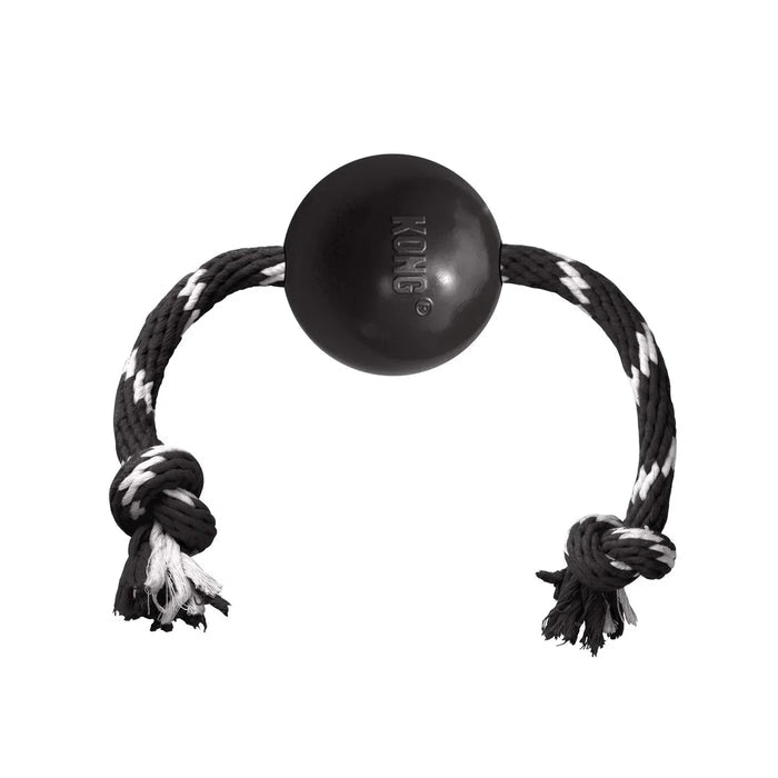 KONG Extreme black rubber ball threaded on a knotted white cotton rope, large size