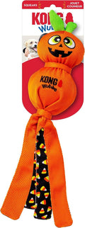 KONG Halloween Wubba Ballistic dog toy in a pumpkin design with long floppy fabric tails