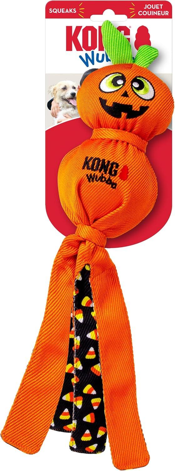 KONG Halloween Wubba Ballistic dog toy in a pumpkin design with long floppy fabric tails