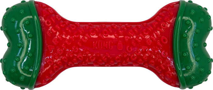 KONG CoreStrength bone dog chew in red and green festive colours, with raised textured lettering