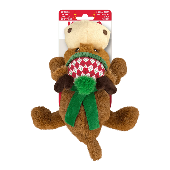 KONG Cozie plush reindeer dog toy dressed in a festive scarf, soft squeaky snuggle toy
