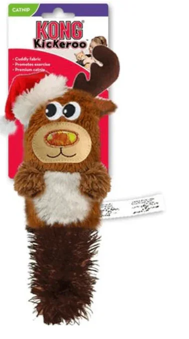 KONG Kickeroo long plush cat toy in a festive character design, sized for hind-paw kicking