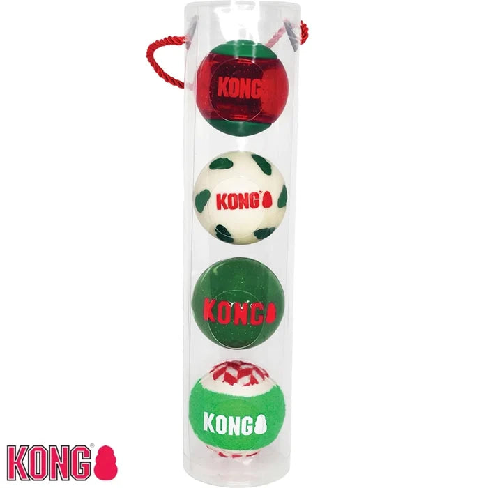 Pack of four KONG dog balls in festive colours and mixed textures, medium size