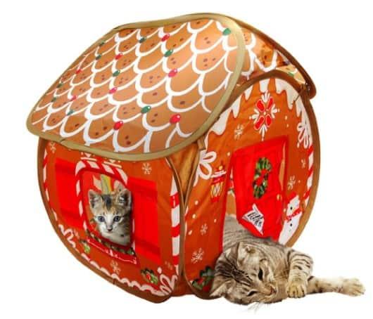 KONG Play Spaces collapsible fabric cat hideaway shown popped open, with peek-through openings