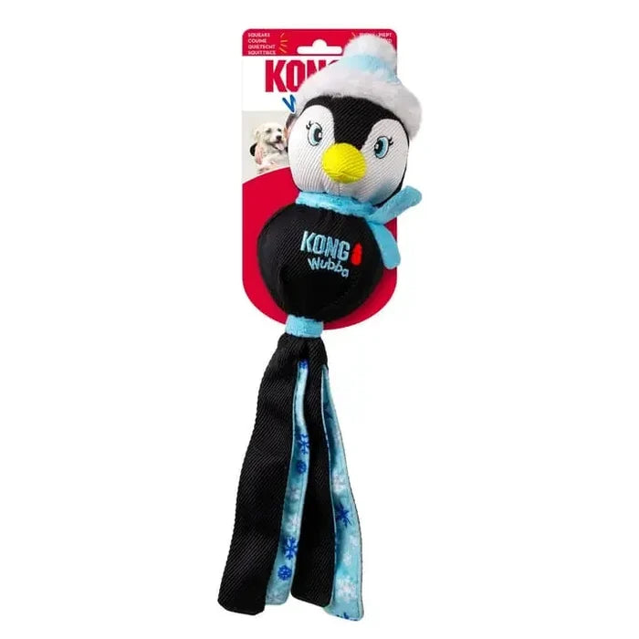 KONG Wubba tug toy on its header card, made up as a penguin with a sailor hat and long black and blue striped fabric tails