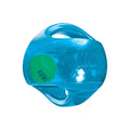 KONG Jumbler Ball in translucent blue with two moulded cut-out handles and a green tennis ball visible inside the shell