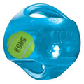 KONG Jumbler Ball in blue translucent rubber, two moulded handles either side and a green tennis ball sealed inside