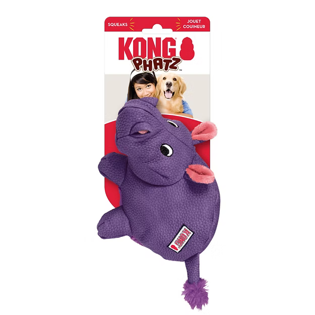 KONG Phatz Hippo soft dog toy in purple with a green tail, shown on its KONG Phatz header card