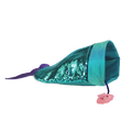 KONG Play Spaces SeaQuins cat hideaway, a sequinned crinkle sack held open, with a shell toy hanging at the entrance