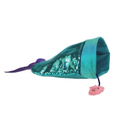 KONG Play Spaces SeaQuins cat hideaway, a sequinned crinkle sack held open, with a shell toy hanging at the entrance