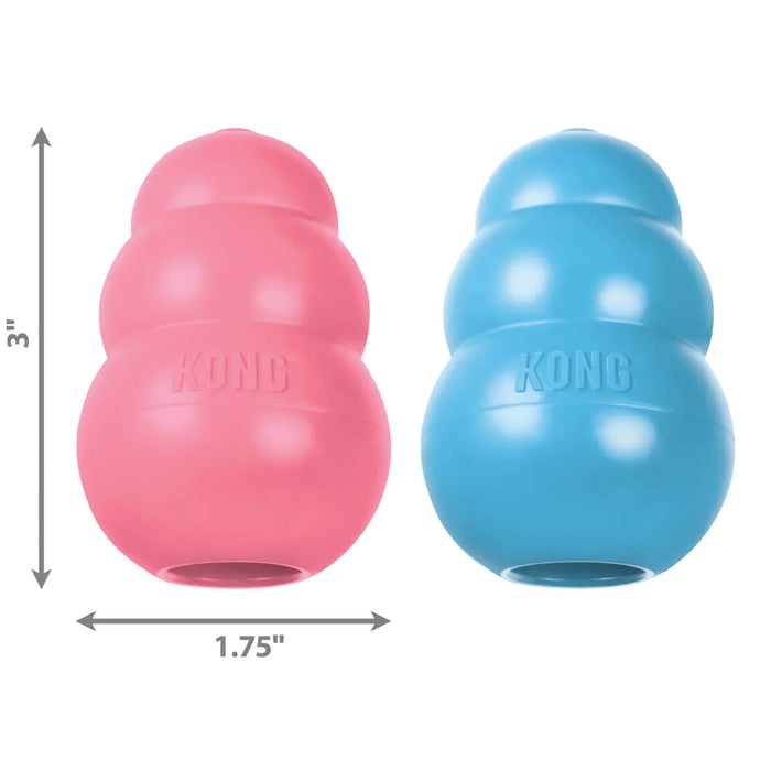 KONG Puppy rubber chew toys in pink and blue shown side by side with arrows marking the toy's height and width
