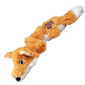 KONG Scrunch Knots Fox, a long flat stuffing-free plush fox in orange and white with a gathered body and bushy tail