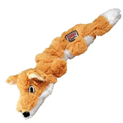 KONG Scrunch Knots Fox, a long flat stuffing-free plush fox in orange and white with a gathered body and bushy tail