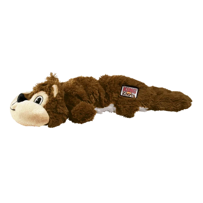 KONG Scrunch Knots Squirrel, a flat stuffing-free plush squirrel in brown with a cream belly and a broad bushy tail