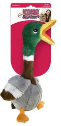 KONG Shakers Honkers Duck plush toy on its header card, mallard colouring with a green head, yellow bill and long grey body