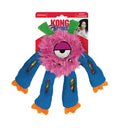 KONG Sneakerz Knots plush dog toy on its header card, a blue and pink character standing in four orange squeaky trainers
