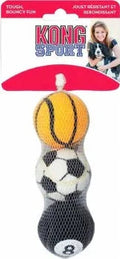 Three KONG Sport Balls in a header pack, printed as a basketball, a football and a black eight-ball