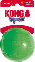 KONG Squeezz Ball in bright green textured rubber with an embossed KONG logo, shown on its header card