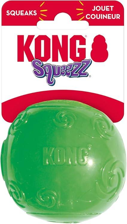KONG Squeezz Ball in bright green textured rubber with an embossed KONG logo, shown on its header card
