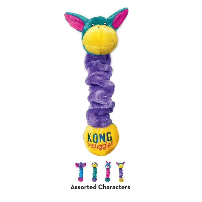 KONG Squiggles stretchy plush toy, coiled purple, green and blue body with a yellow head and a KONG ball at the base