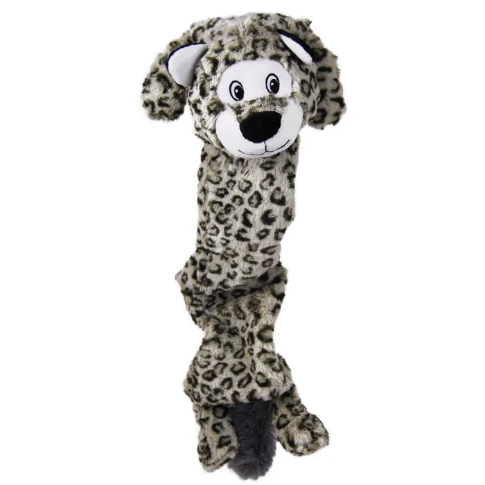 KONG Stretchezz Jumbo snow leopard, a long flat stuffing-free plush with cream and grey spotted markings