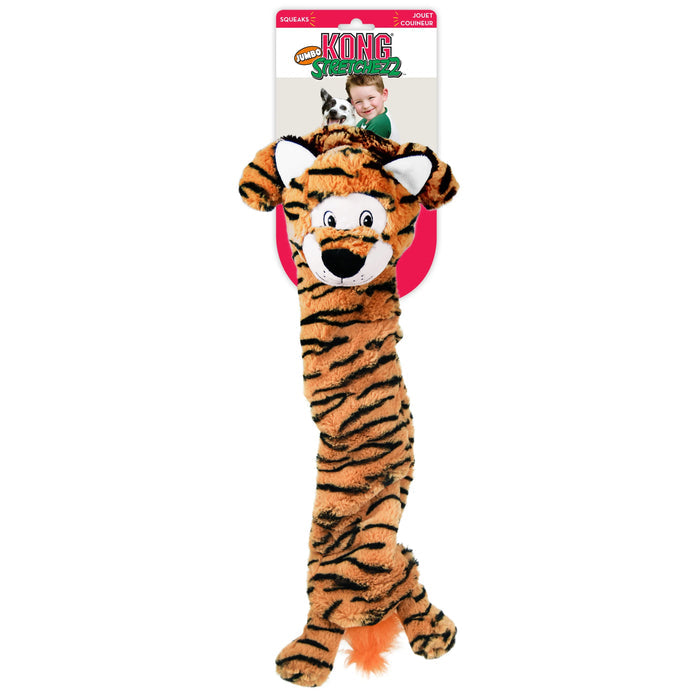 KONG Stretchezz Jumbo Tiger, an extra-long low-stuffed plush dog toy in tiger markings