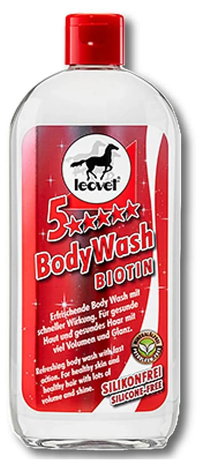 Leovet 5-Star Body Wash Biotin horse shampoo in a 500ml bottle with pump-style cap