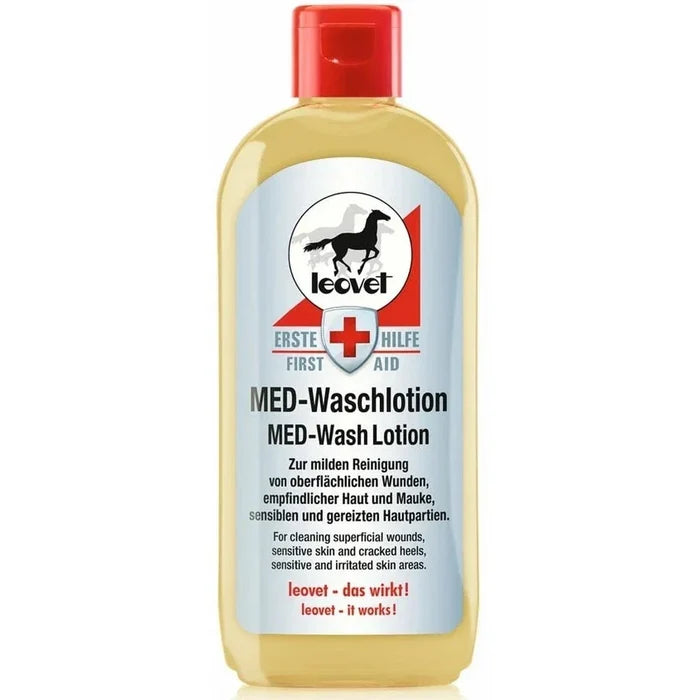 Leovet First Aid MED Wash Lotion for horses, 250ml bottle with flip-top cap