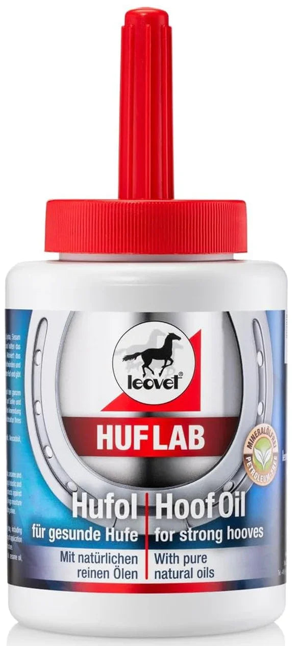 Leovet Hoof Lab Hoof Oil, 450ml bottle with an integrated brush applicator in the cap